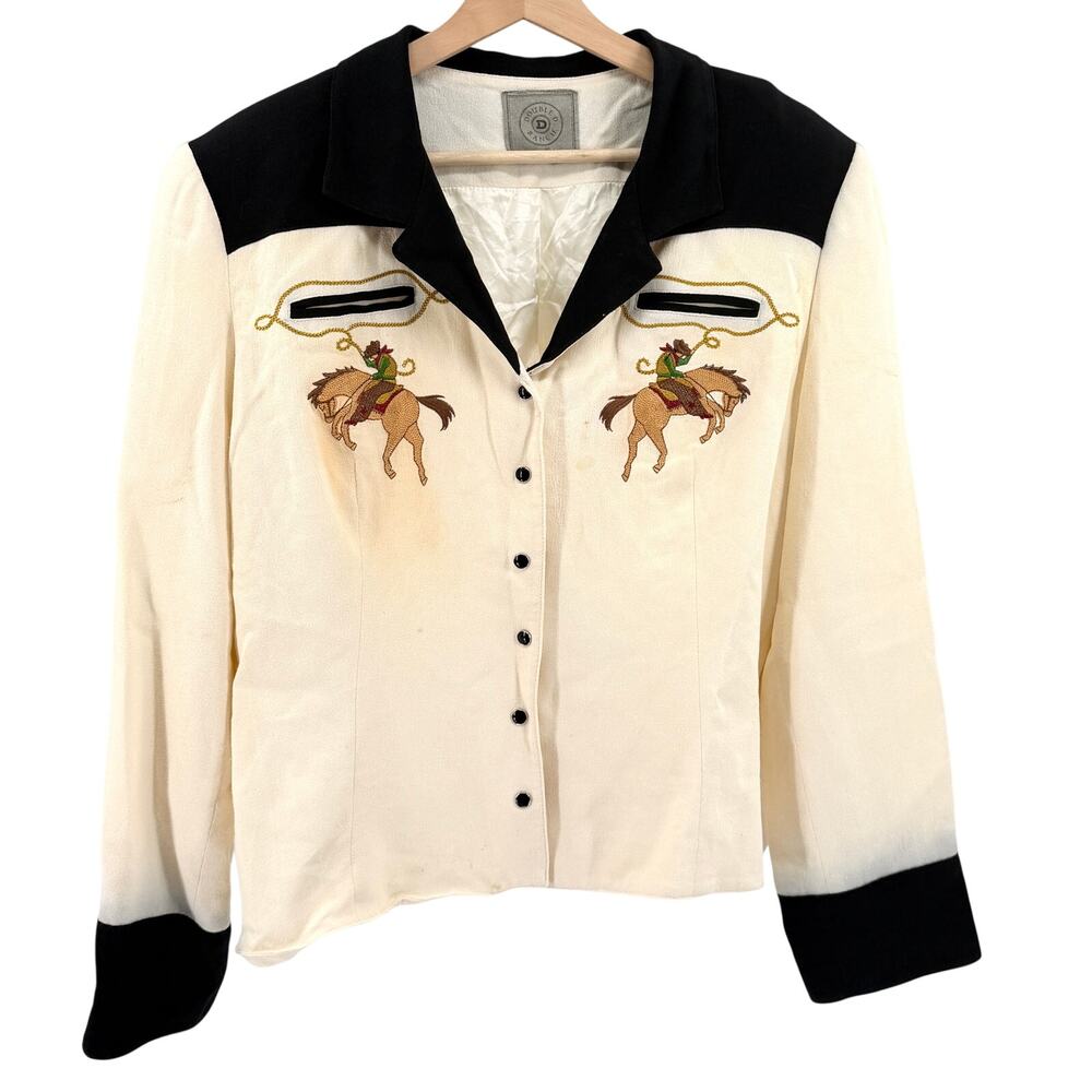 Vintage Y2K Double D Ranch Ivory Black Western Embroidered Cowboy Snap Jacket